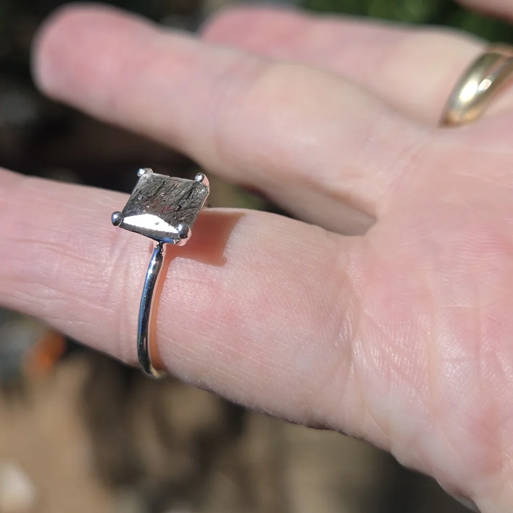 Rutilated Quarts Natural 3.5k Solitaire Emerald  Cut Sterling Ring Sz7.5 - Picture 5 of 12